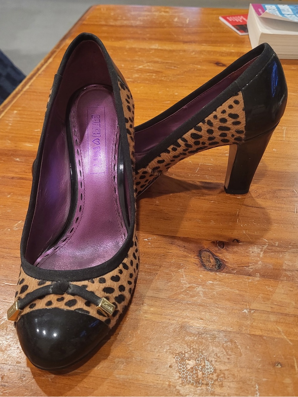 Coach Leopard-Print Pumps with Black Patent Cap Toe and Purple Lining